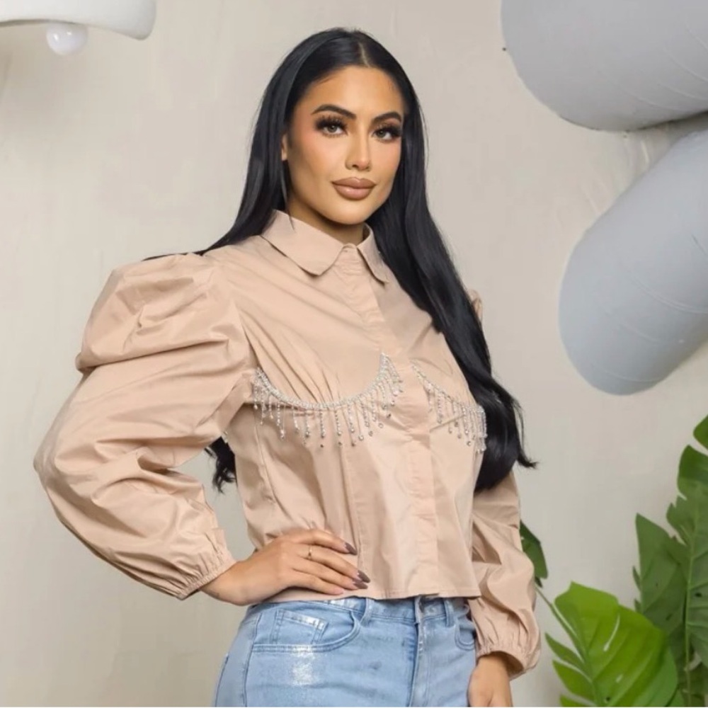 ON SALE A77. Beige Puff Sleevesn Rhinestone Bust